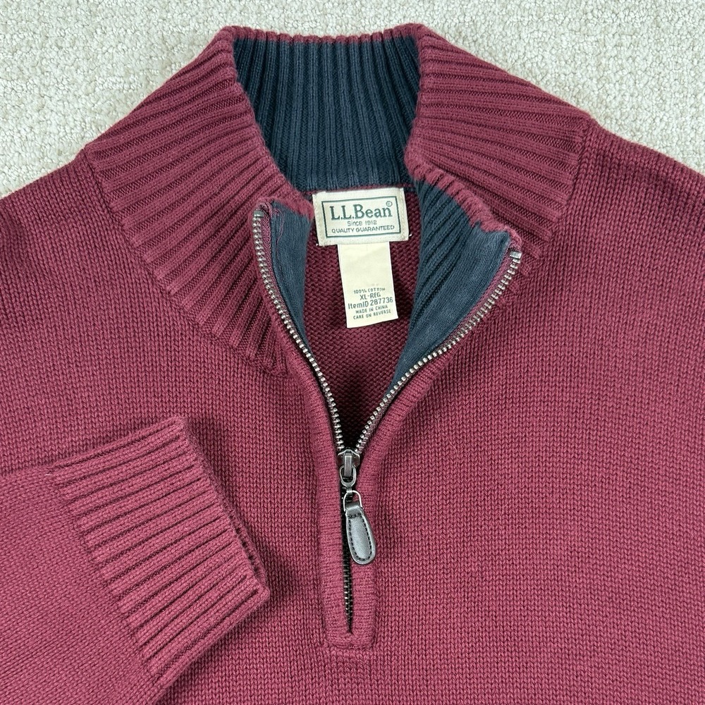 LL Bean Men's XL Red Organic Cotton Knit 1/4 Zip Pullover Sweater 287736